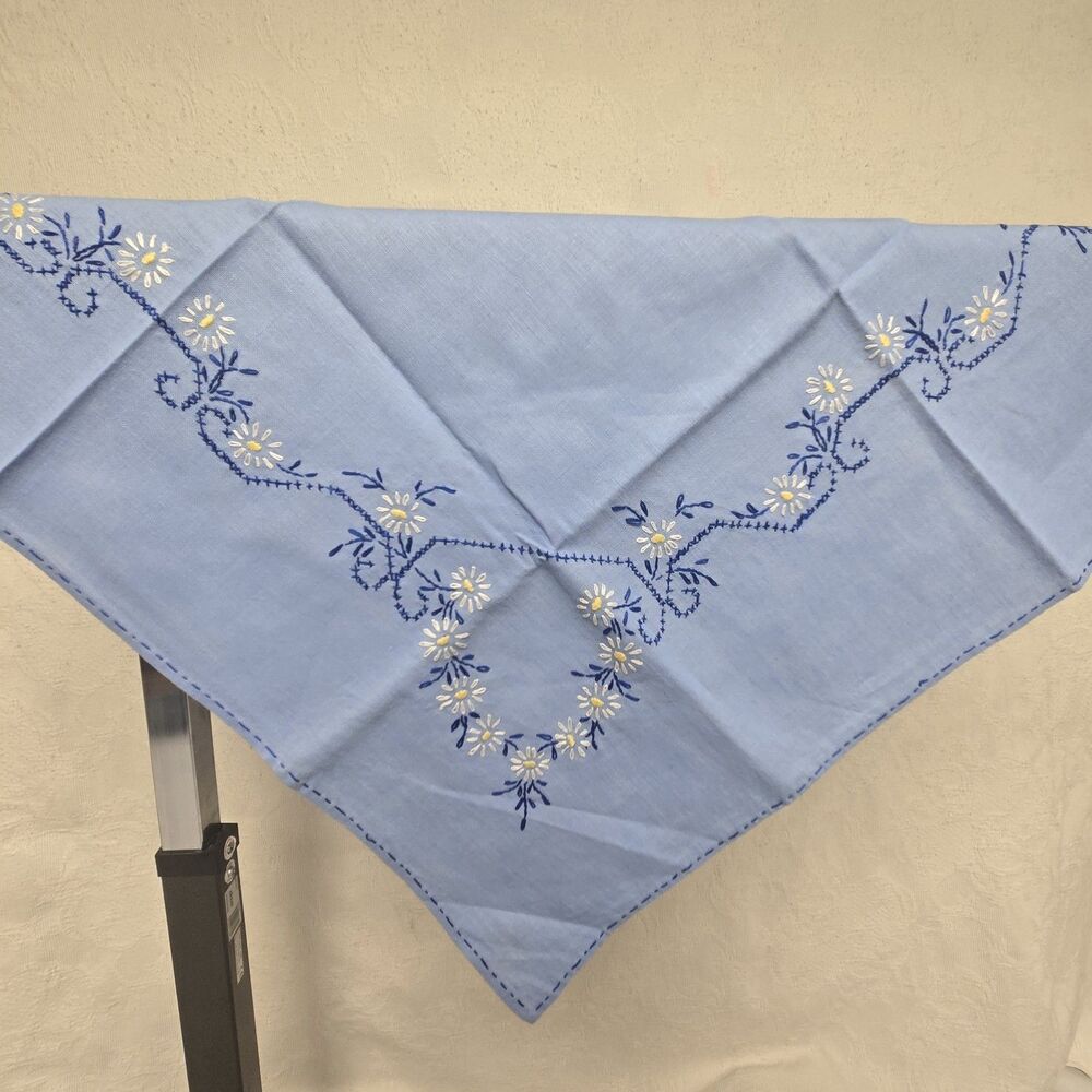 Embroidered Daisy Blue Table Cover Tea Time Retro Home Decor Vintage Handmade